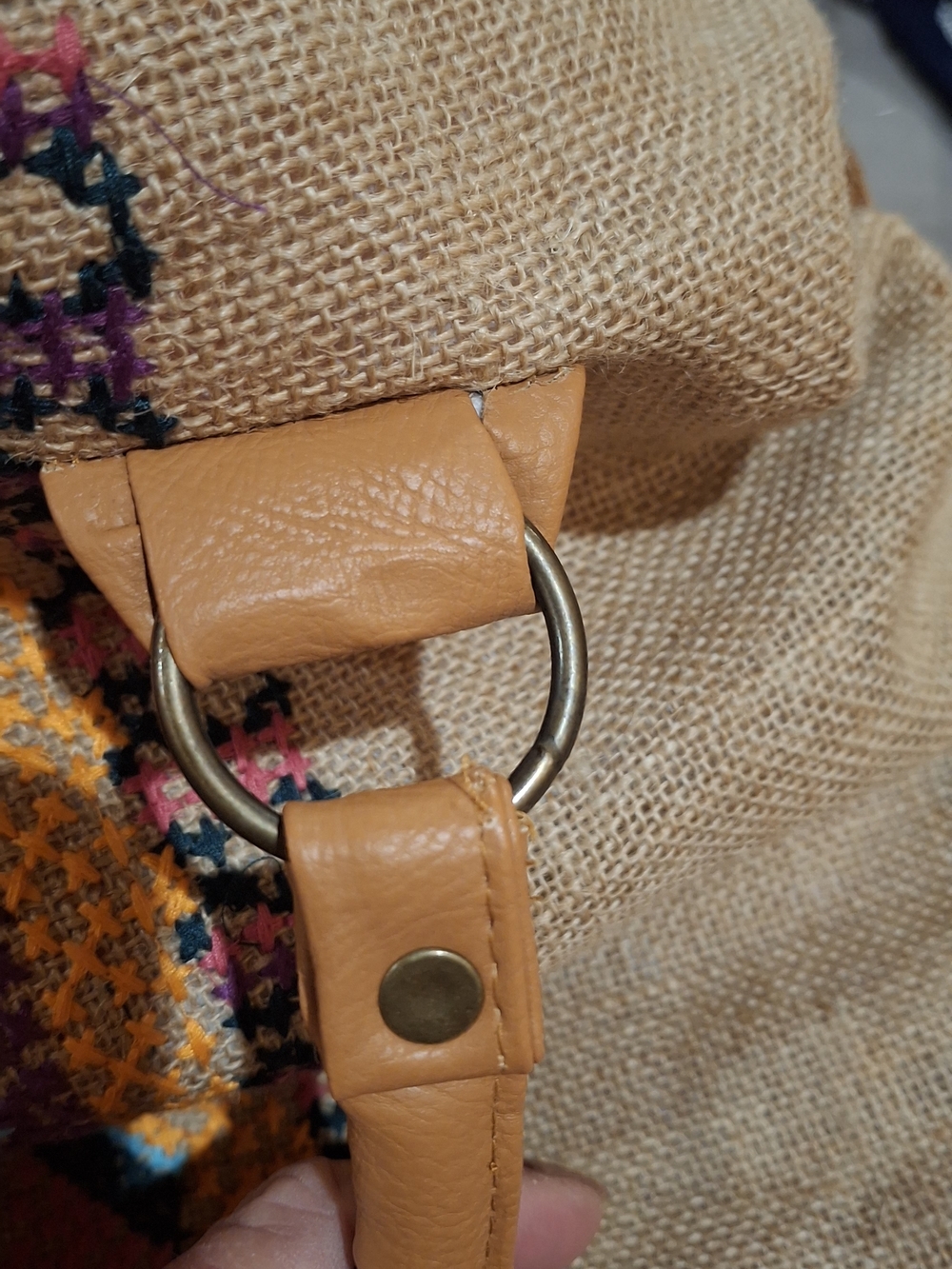Boho Embroidered Tote Bag with Tan Handles - Multicolor Front Panel - Picture 11 of 11